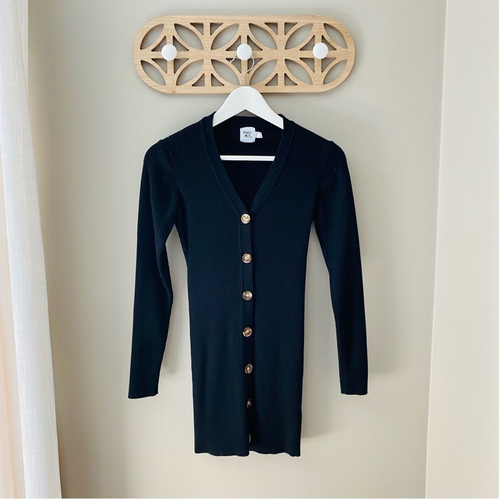 Princess Polly Ribbed Button Up Long Sleeve Dress Black Sz 2